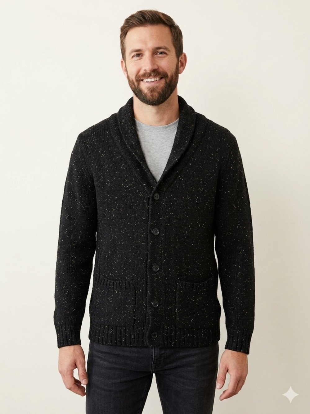 O'Hanlon Mills Shawl Collar Cardigan Sweater, Black Flecked Knit, Size Medium